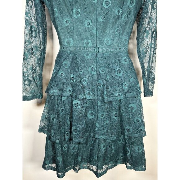Holiday Green Lace Ruffled Long Sleeve Mini Dress Size XS Christmas Party - Picture 6 of 8